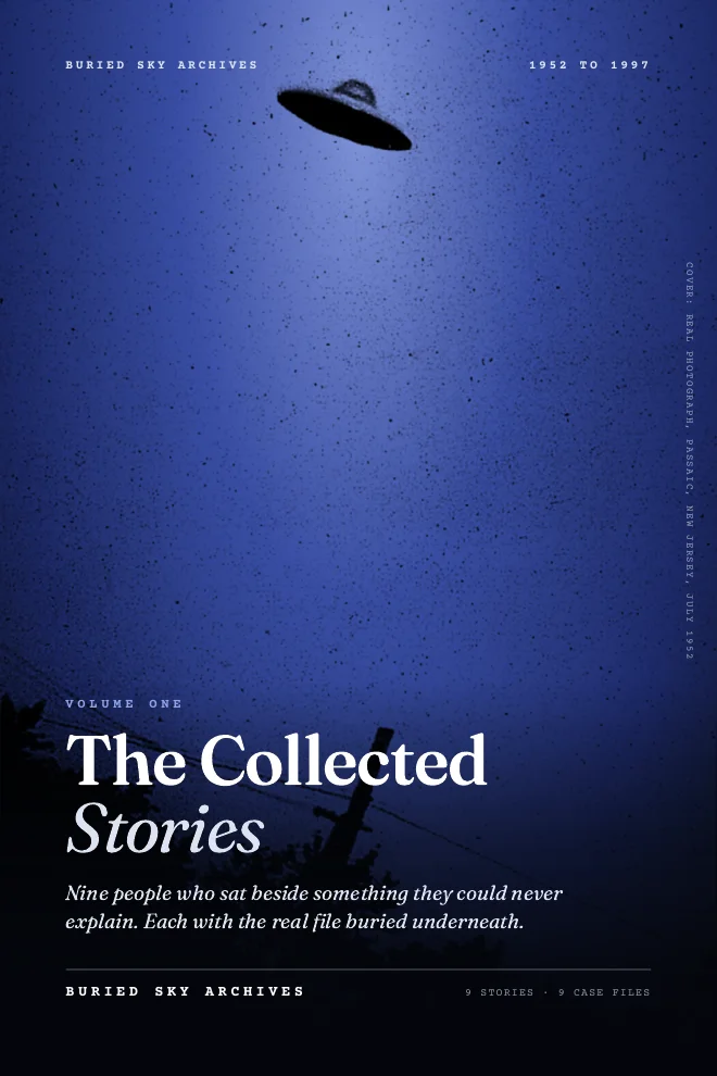 Cover of Volume One, a 1952 photograph of a saucer over a telephone pole